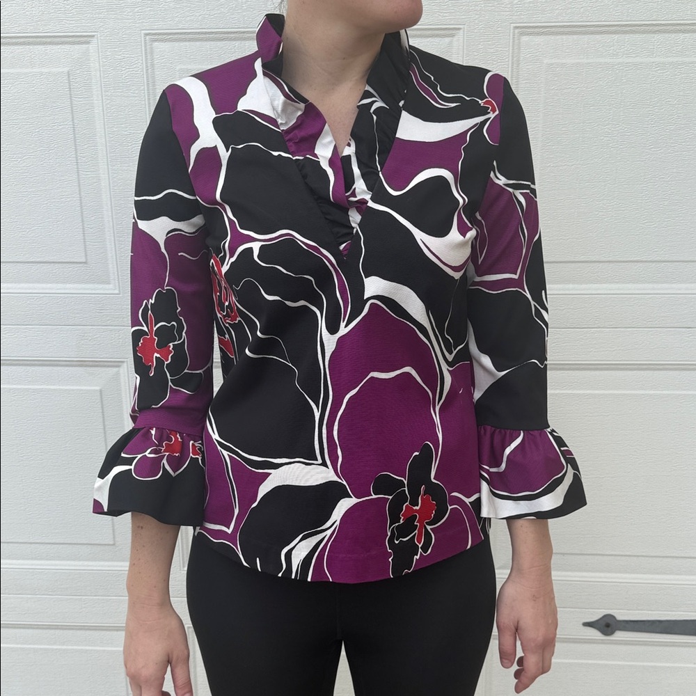 Trina Turk Women Purple and Black Floral Lady Day Orchid Blouse